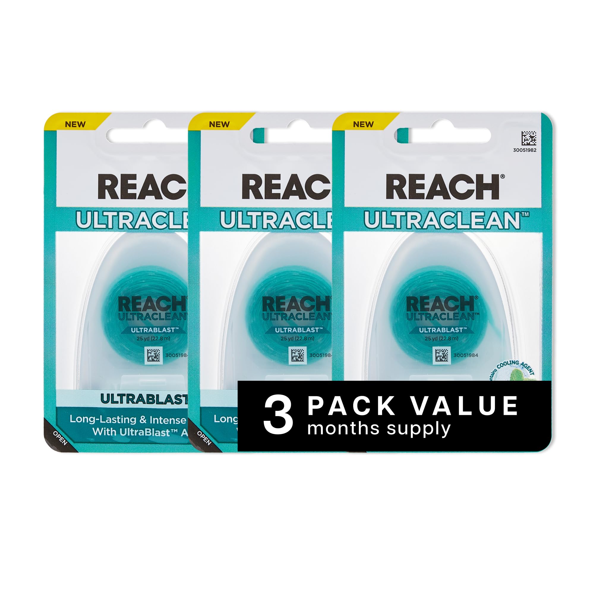REACH Ultraclean Ultrablast Cool Mint Dental Floss - 3 Pack 25 Yards