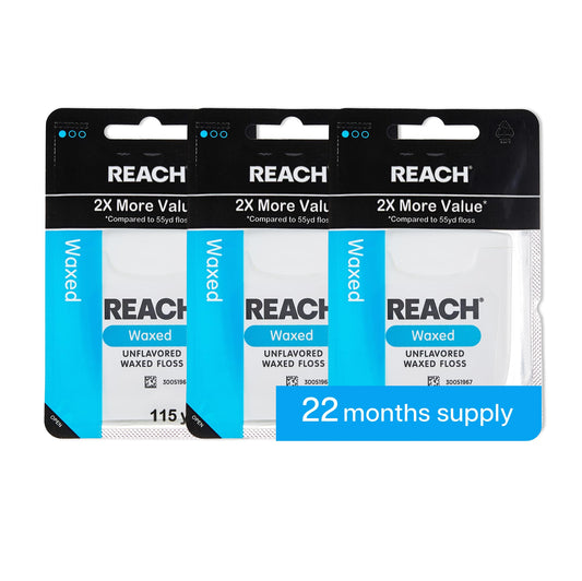 REACH Waxed Dental Floss 3-Pack 115 yd packaging
