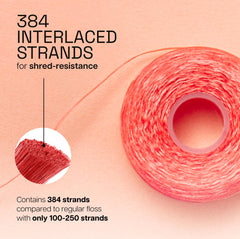 Floss showing 384 interlaced strands for shred resistance