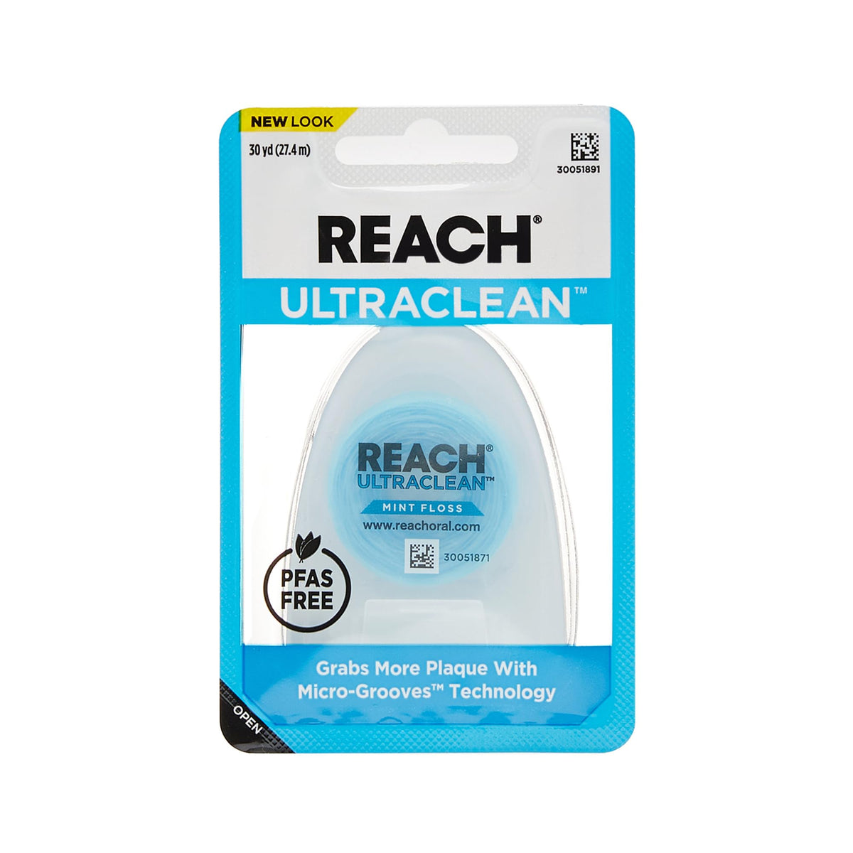 Front view of REACH Ultraclean mint dental floss packaging, 30 yd