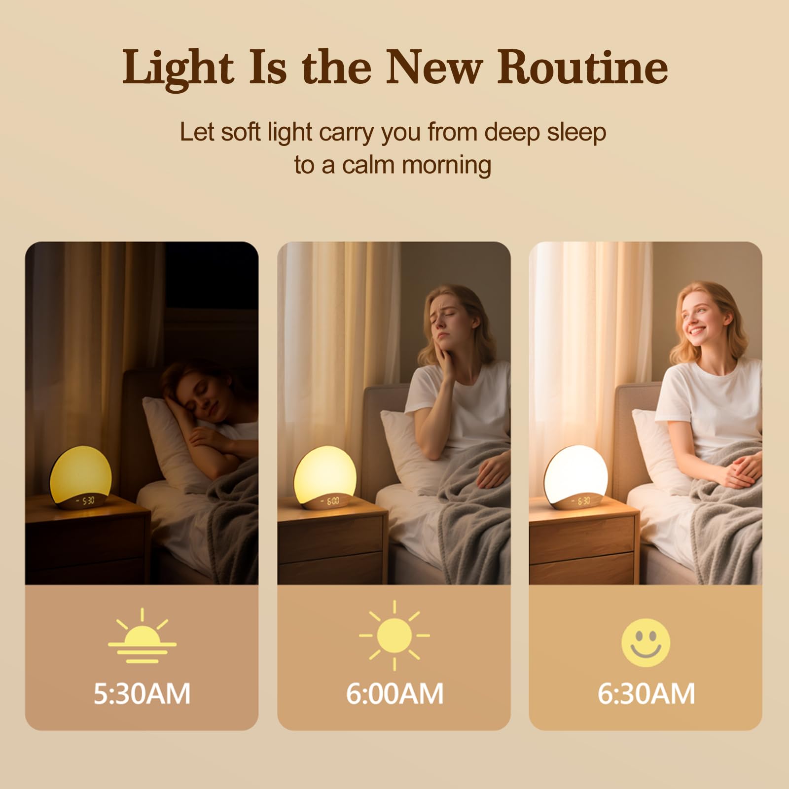 REACHER wood grain sunrise clock highlights natural decor and calm bedroom ambiance.