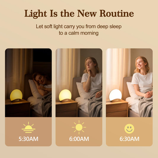 REACHER wood grain sunrise clock highlights natural decor and calm bedroom ambiance.