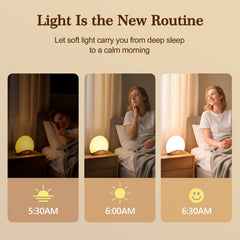 REACHER wood grain sunrise clock highlights natural decor and calm bedroom ambiance.