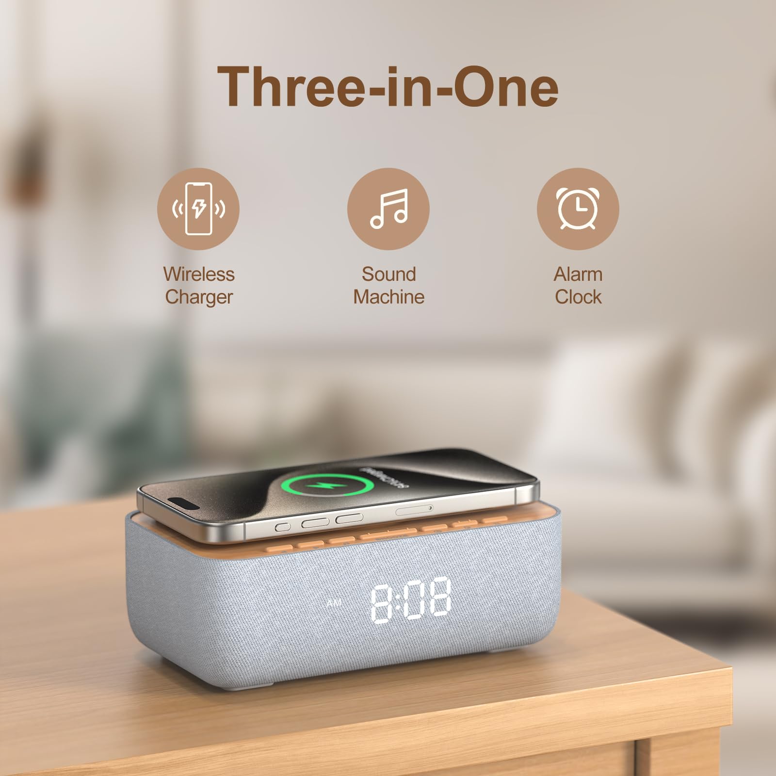 REACHER woodgrain alarm clock with digital display in bedroom