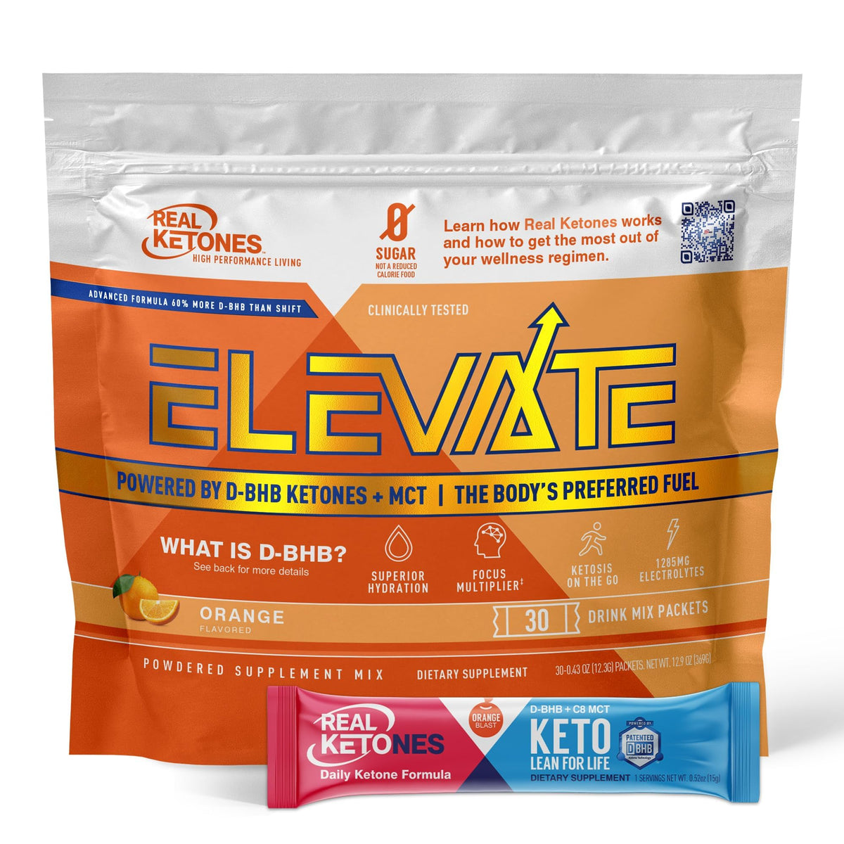 Real Ketones MCT & BHB exogenous ketones drink mix packets with orange flavor and four electrolytes
