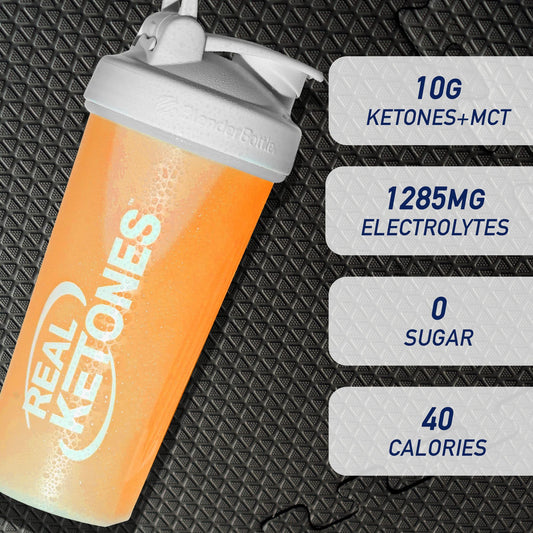 Front view of Real Ketones keto drink mix packets in orange flavor