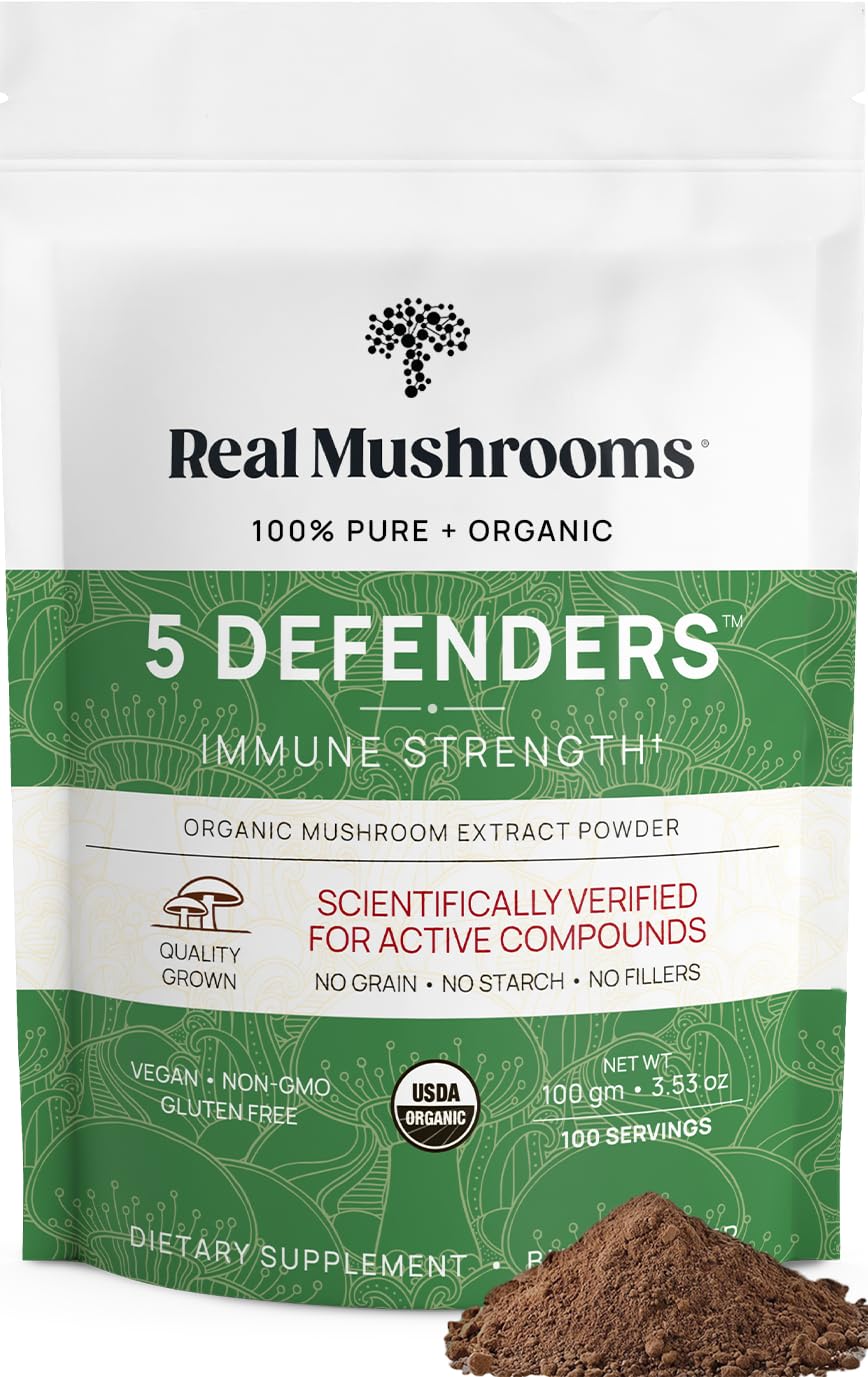 Real Mushrooms 5 Defenders powder bottle front view