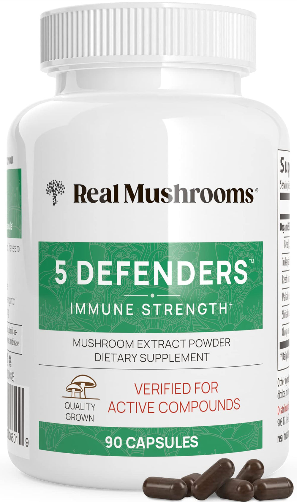 Real Mushrooms 5 Defenders product hero image with bottle