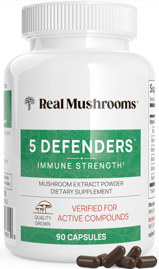 Real Mushrooms 5 Defenders product hero image with bottle