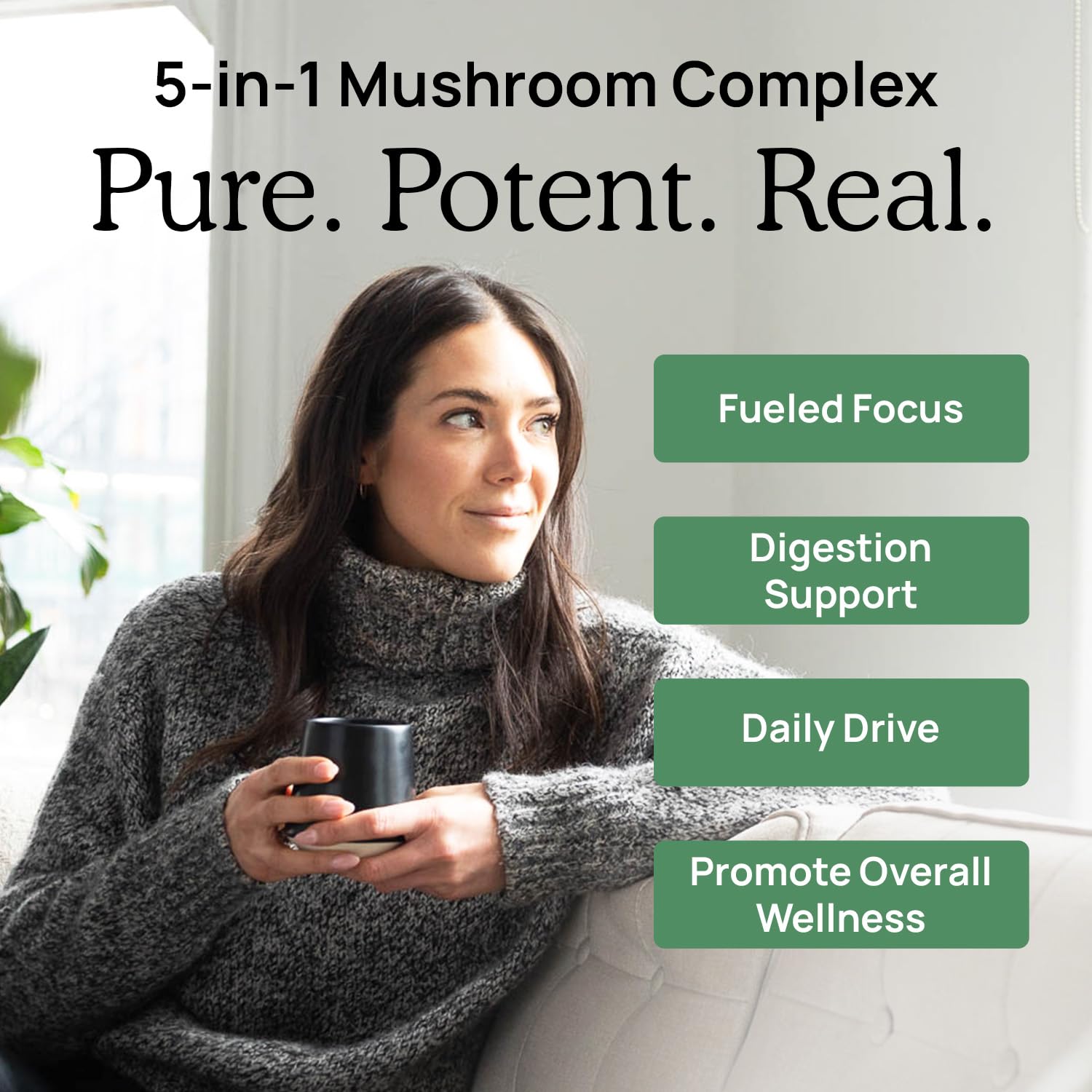 Real Mushrooms 5 Defenders label showcasing NSF purity standards.