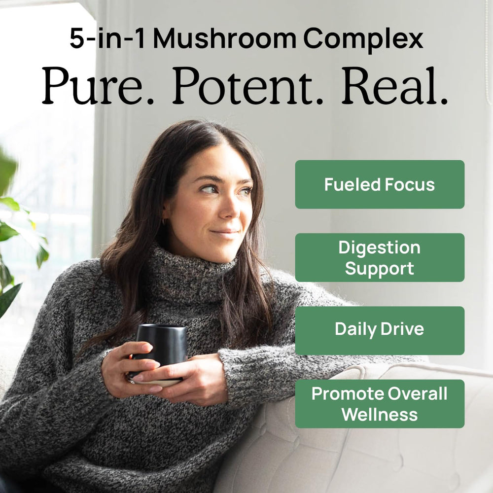 Real Mushrooms 5 Defenders label showcasing NSF purity standards.