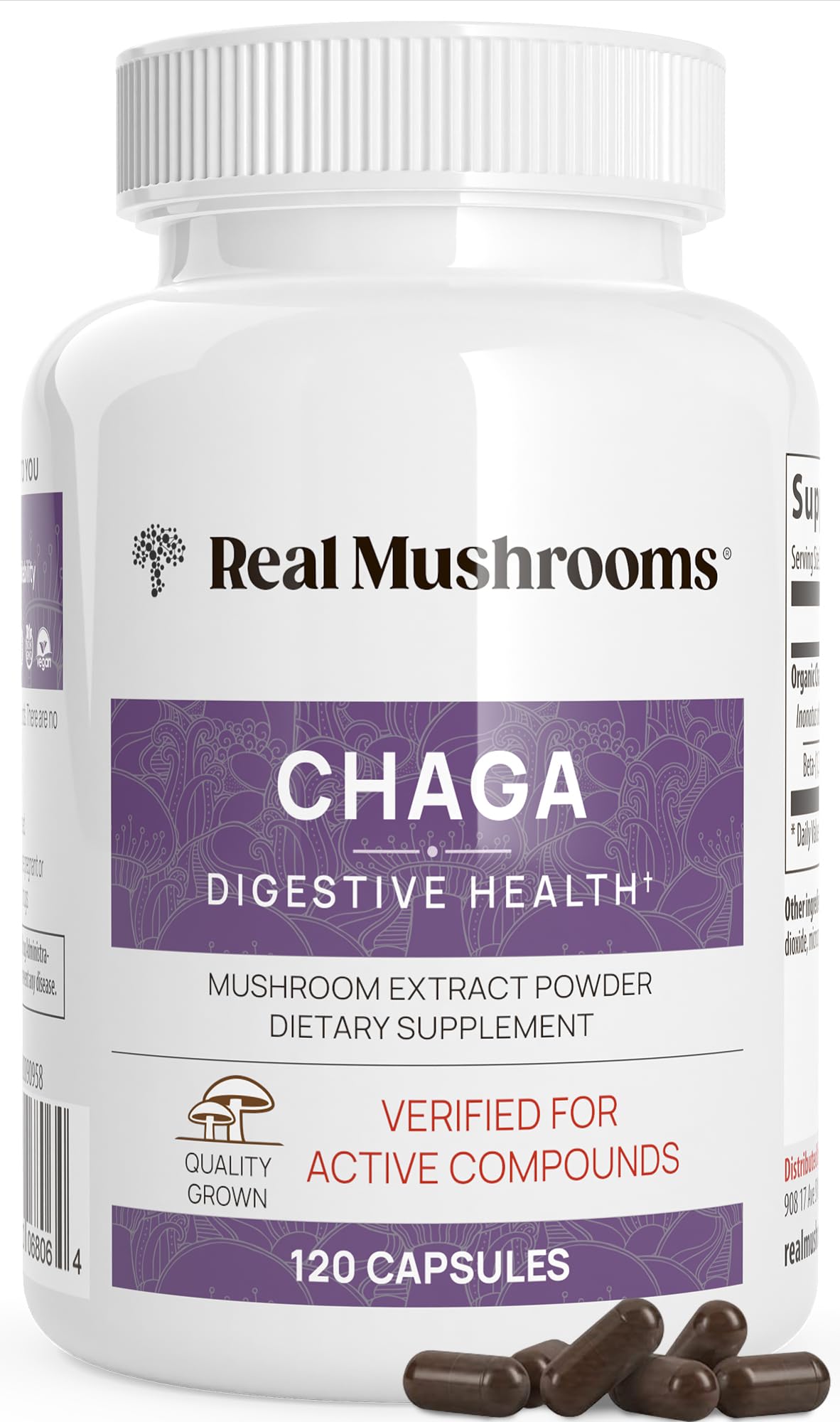 Front view of Real Mushrooms Chaga Capsules bottle