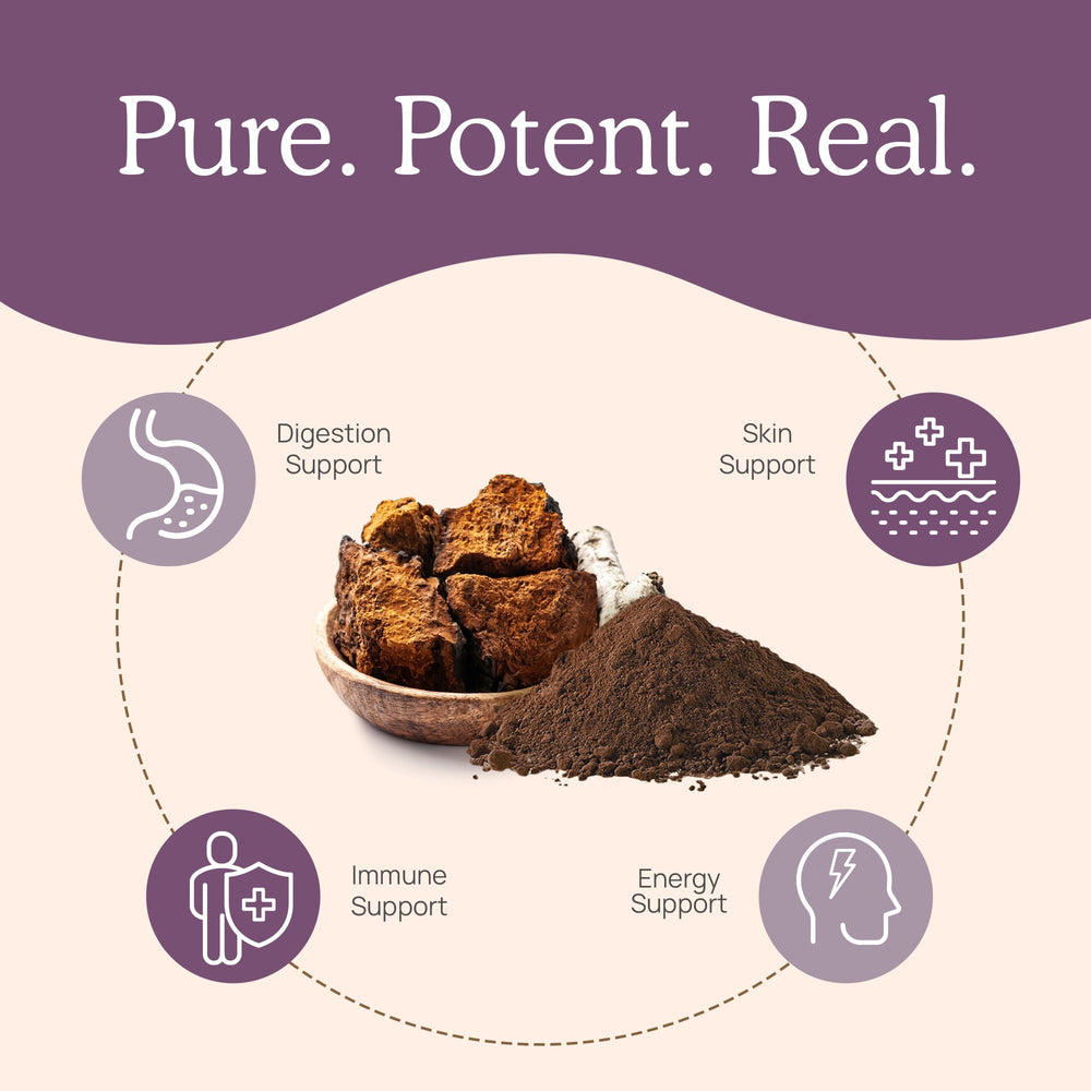Real Mushrooms Chaga package label displaying organic vegan non-GMO credentials.