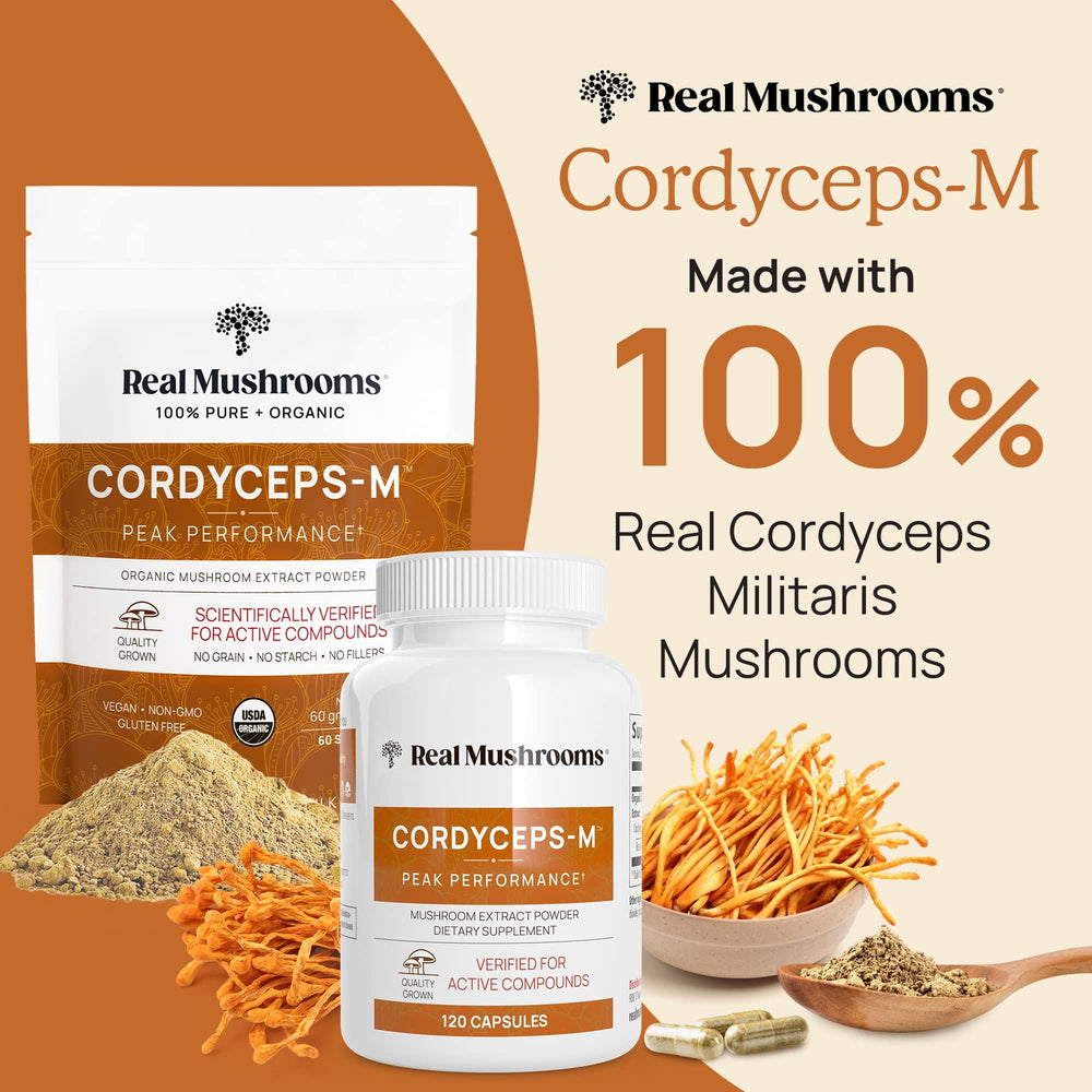 Close-up of Real Mushrooms Cordyceps capsules highlighting vegan formula