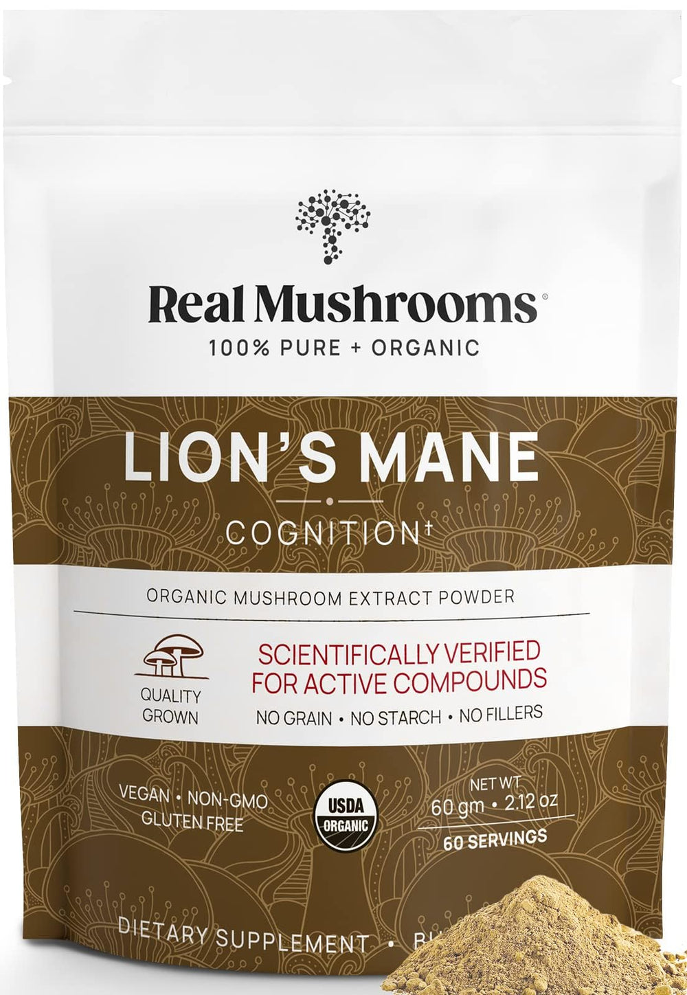 Real Mushrooms Lions Mane Organic Powder bottle with label