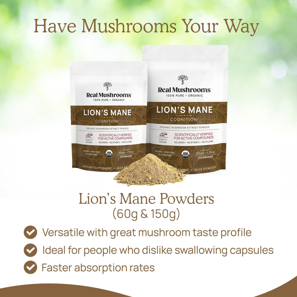 Lions Mane powder mixed into coffee, tea, or smoothie