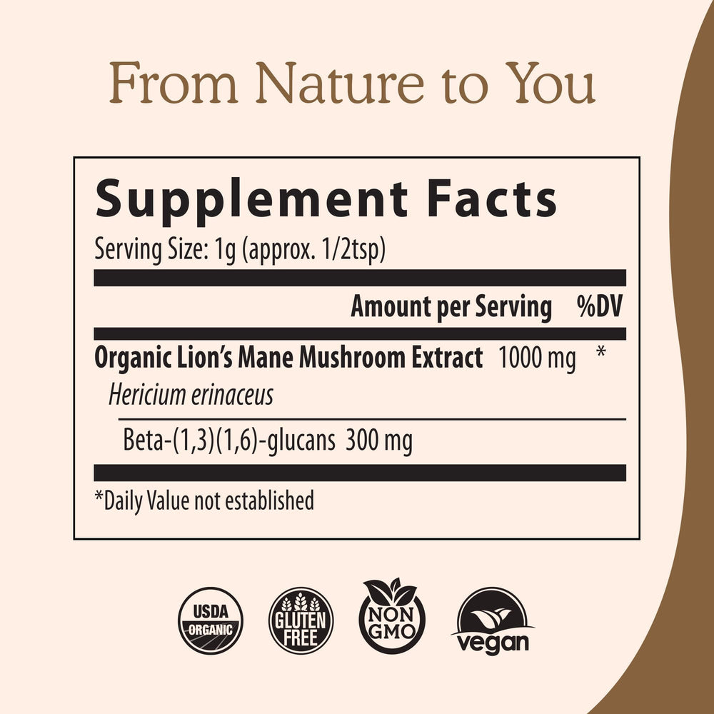 USDA Organic and Vegan icons on Lions Mane packaging