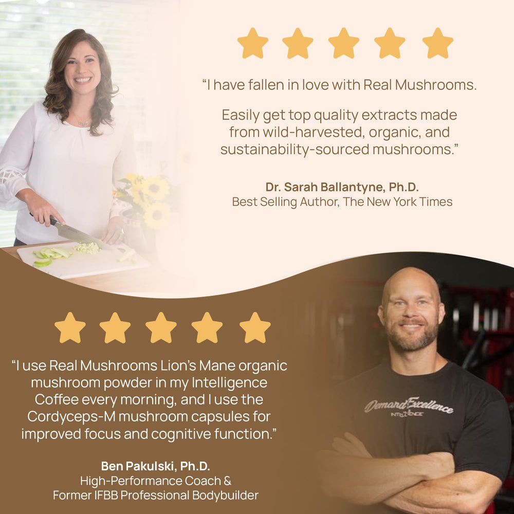 Non-GMO, Gluten-Free and Vegan certifications on Lions Mane packaging