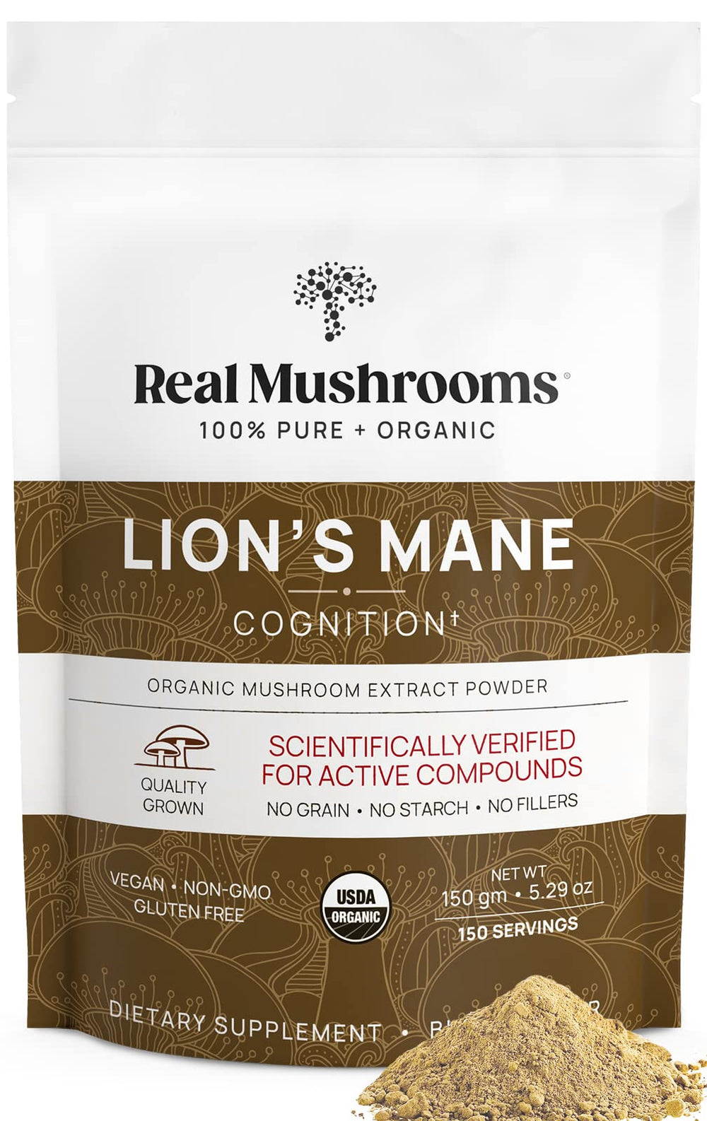 Real Mushrooms Lion’s Mane powder hero image showing pure fruiting body extract