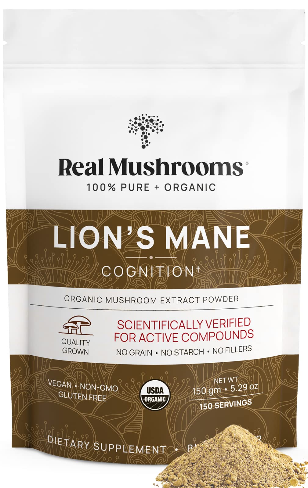 Real Mushrooms Lion’s Mane powder hero image showing pure fruiting body extract