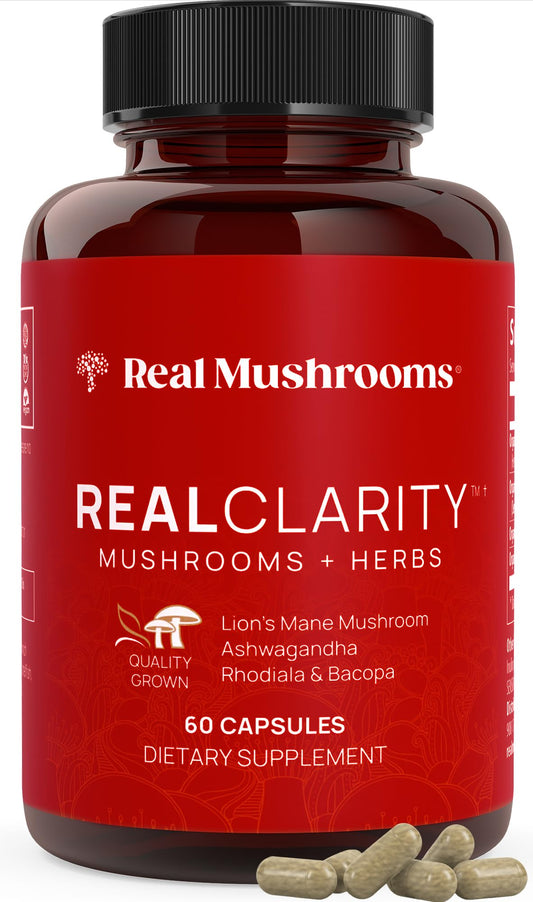 Front view of Real Mushrooms RealClarity Capsules bottle