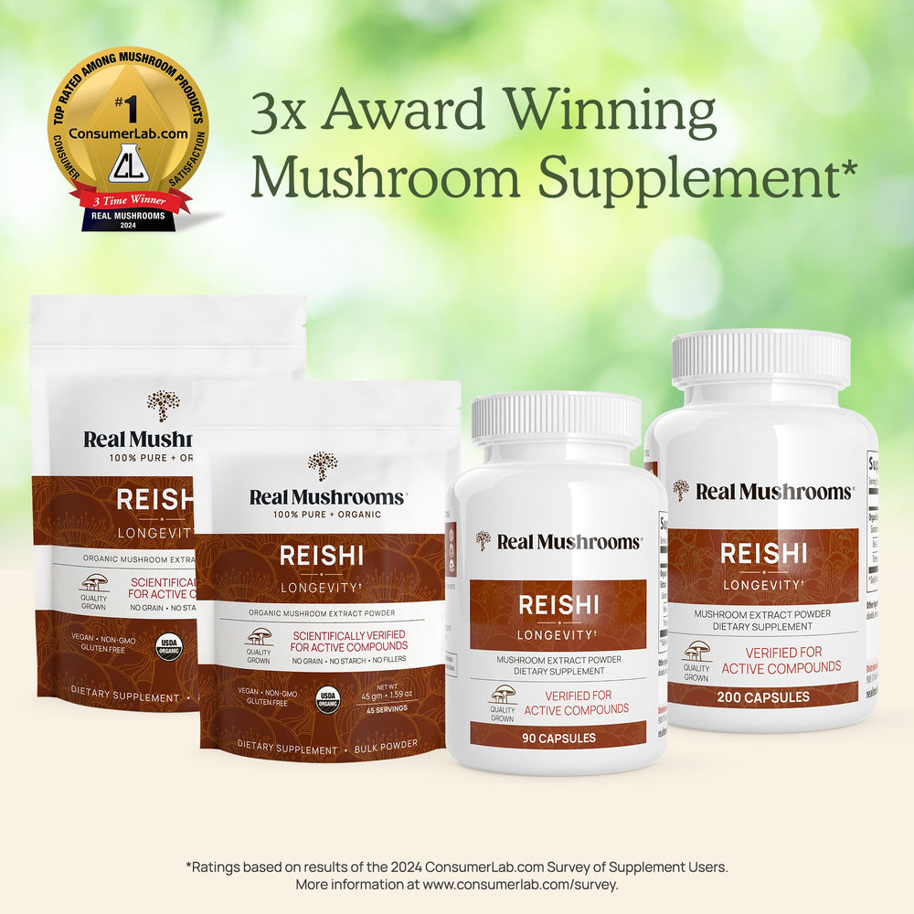 Real Mushrooms Reishi powder organic label — USDA Organic and vegan credentials shown.