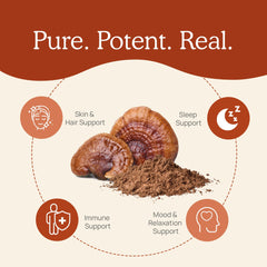 Real Mushrooms Reishi powder in coffee image — blends smoothly with warm beverages.