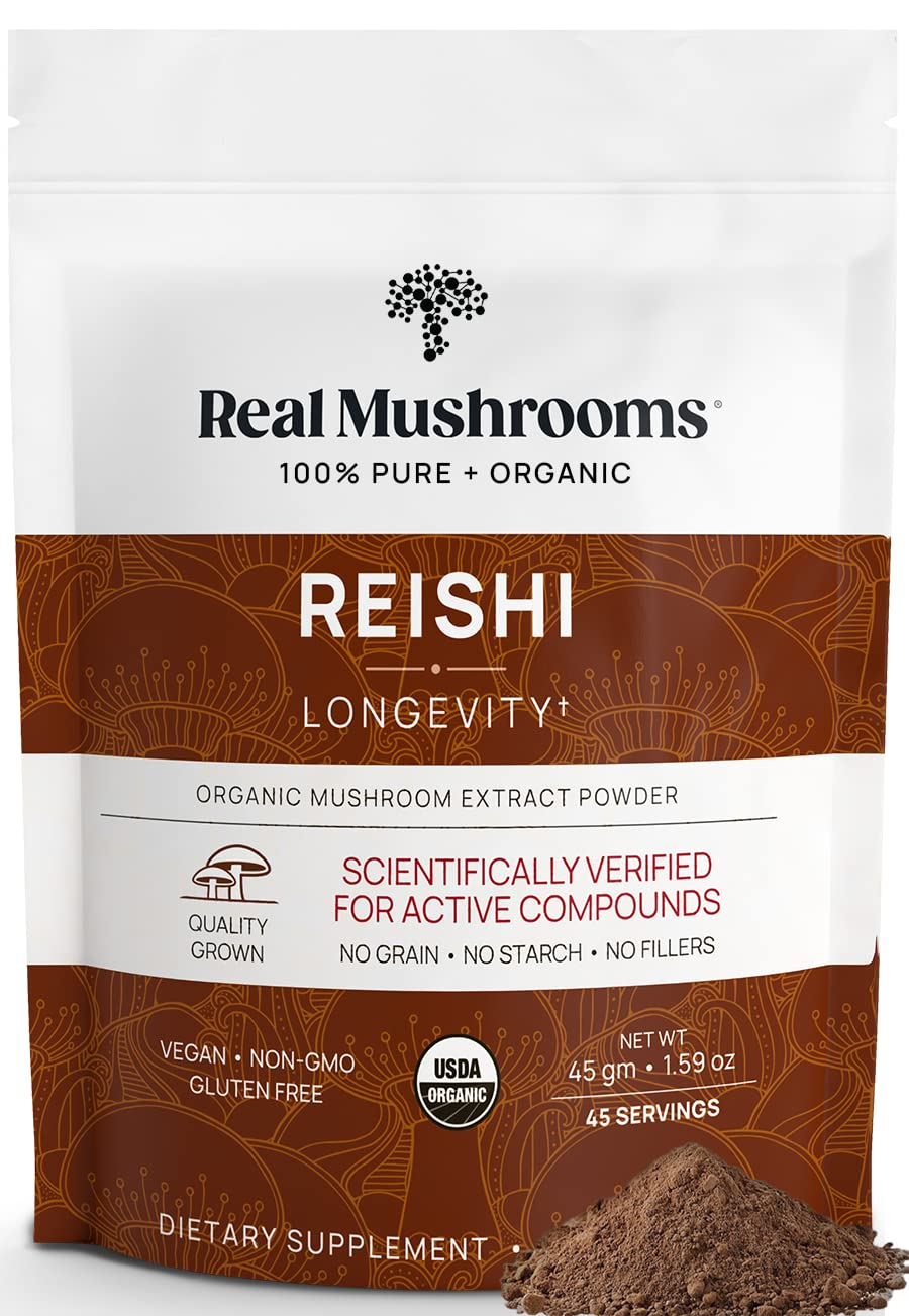 Real Mushrooms Reishi powder jar — organic extract for daily calm and focus.