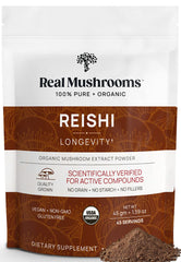 Real Mushrooms Reishi powder jar — organic extract for daily calm and focus.