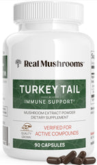 Real Mushrooms turkey tail capsules bottle for daily wellness.