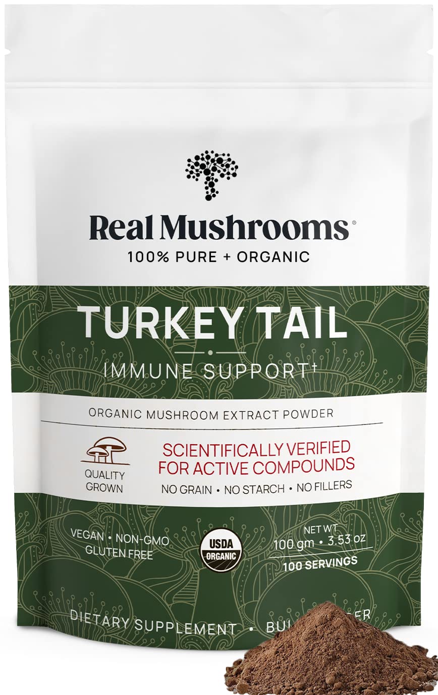 Real Mushrooms Turkey Tail powder bottle ready for daily wellness use