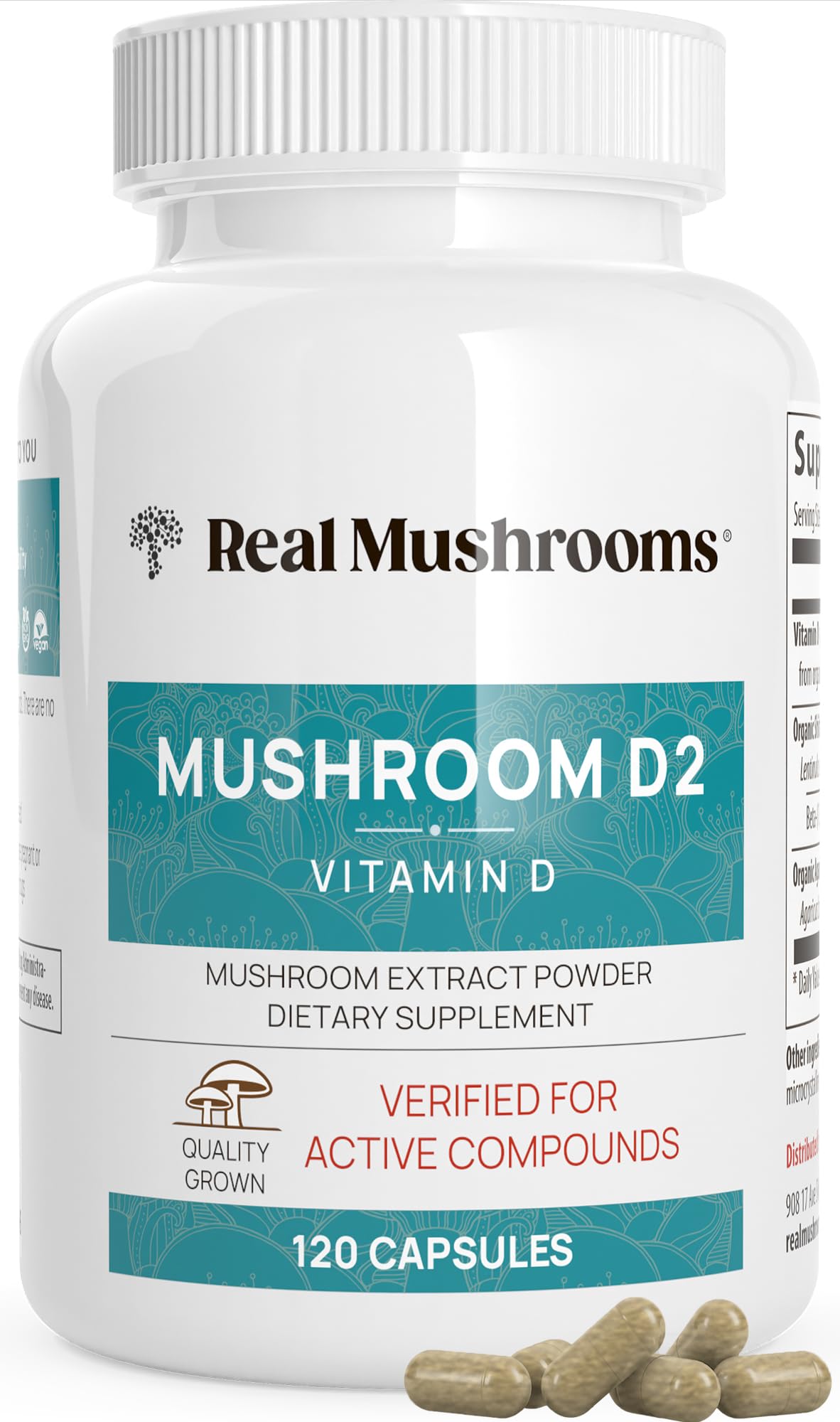 Bottle of Real Mushrooms Vitamin D2 from Shiitake & Agaricus 120 count