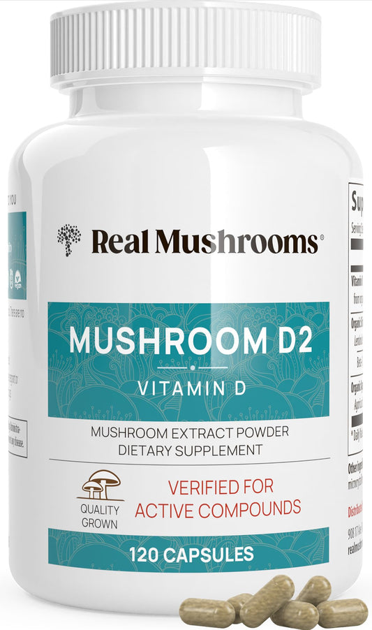 Bottle of Real Mushrooms Vitamin D2 from Shiitake & Agaricus 120 count