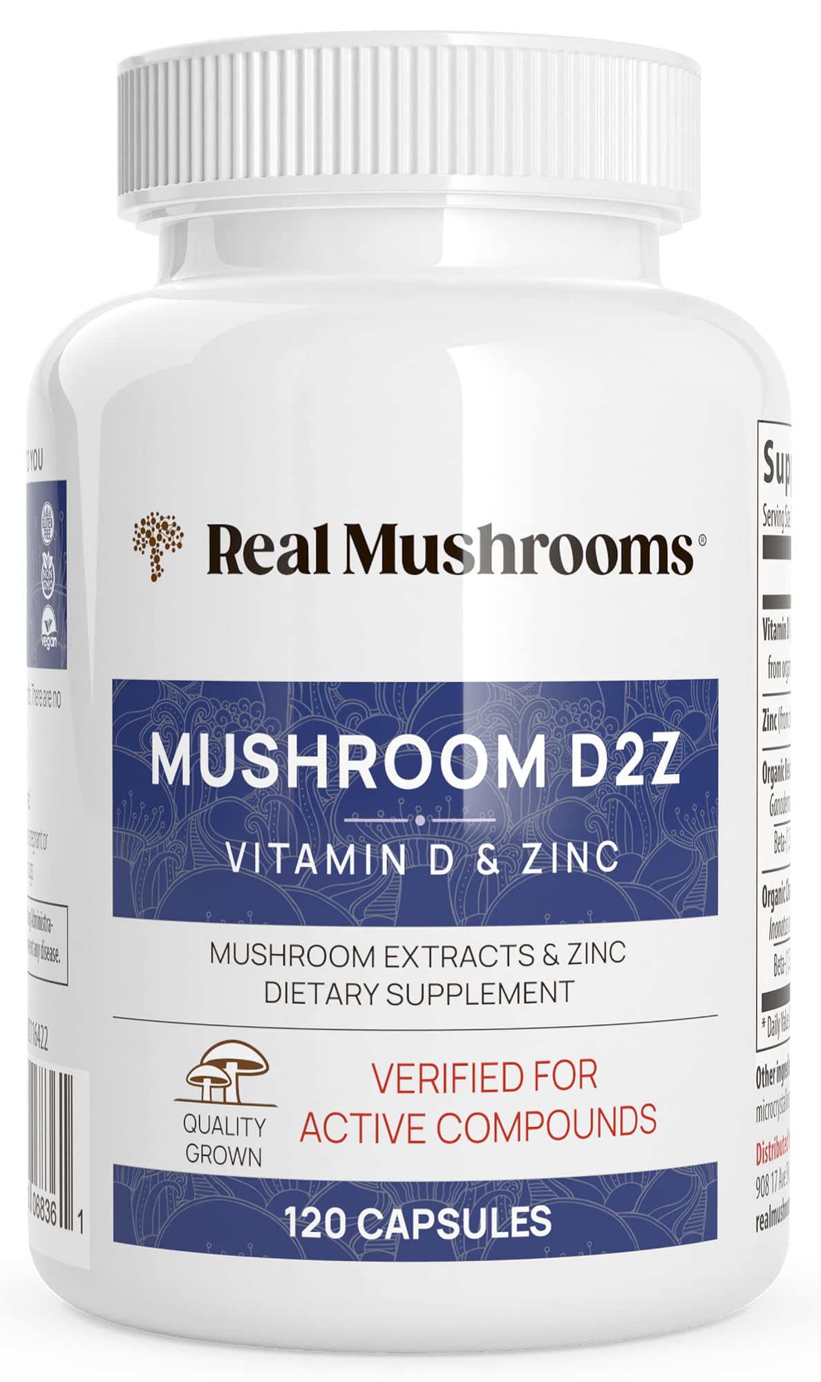 Bottle of Real Mushrooms Zinc and Vitamin D2 capsules, 120-count