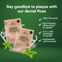 Mint-flavored floss pick being held