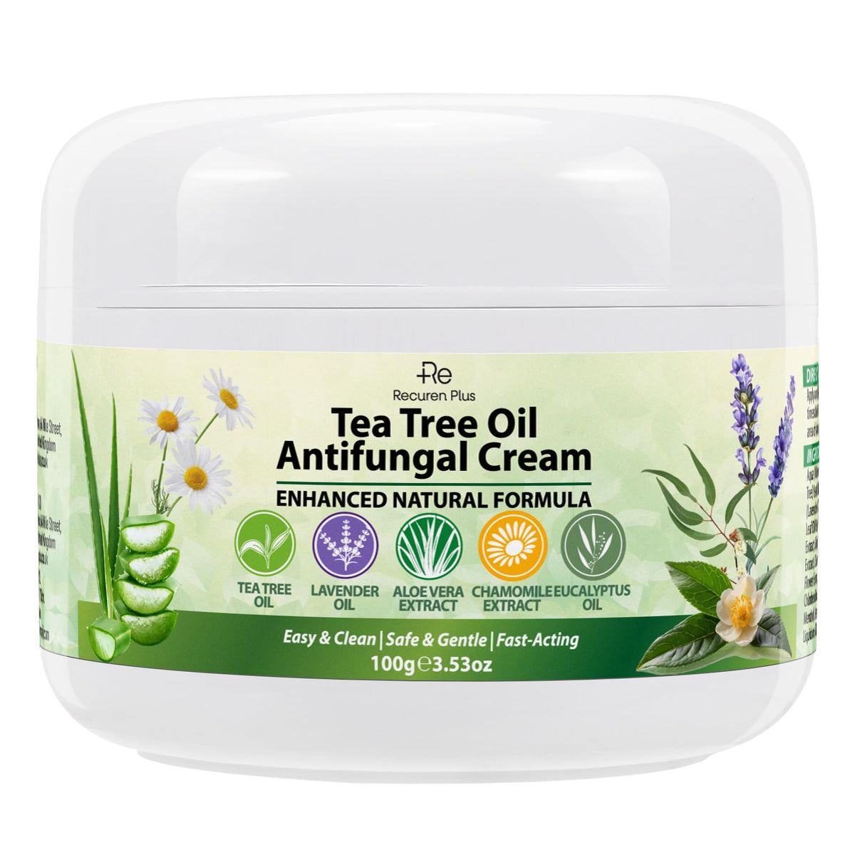 Recuren Plus bottle-tea-tree-oil shows tea tree-infused cream for soothing fungal relief.