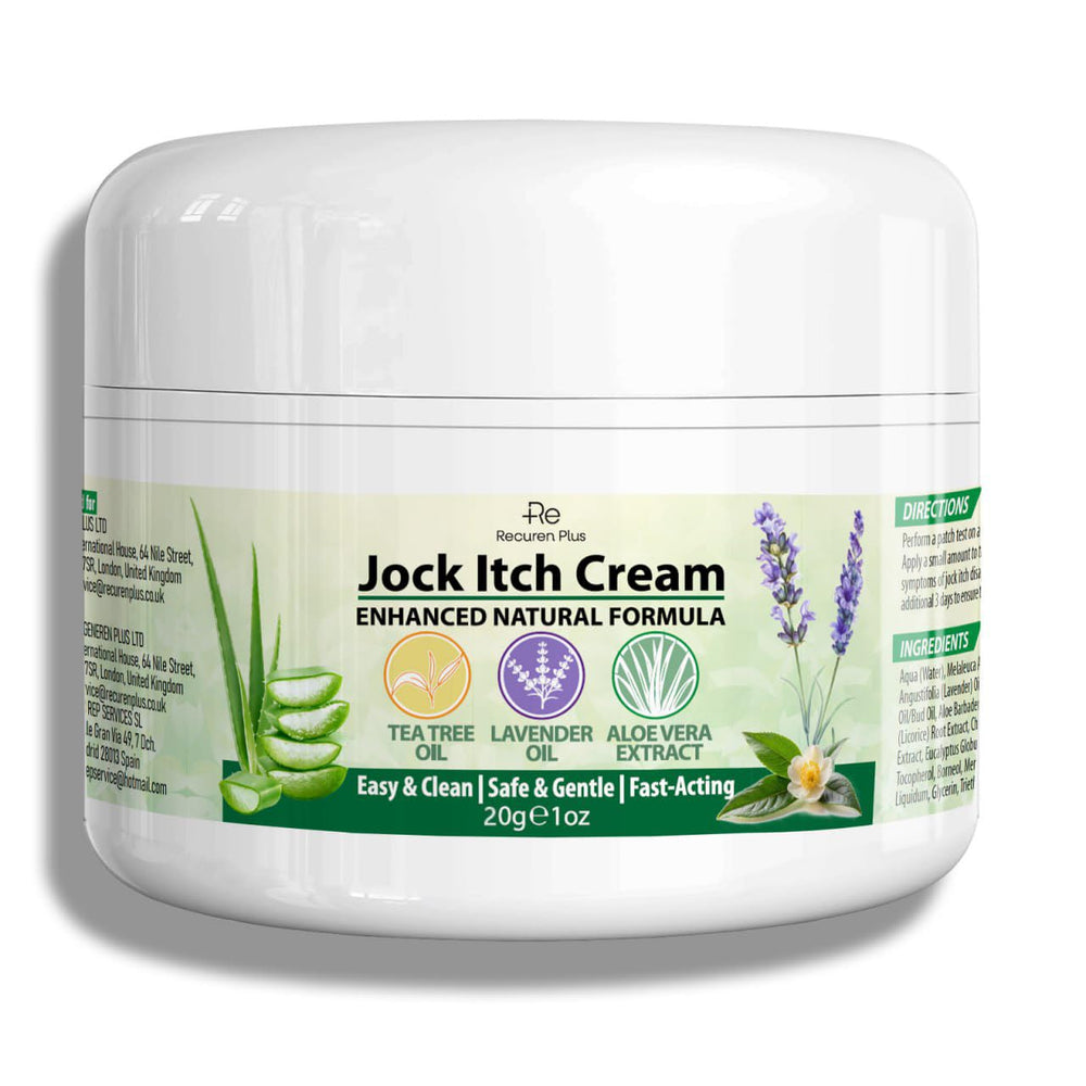 Recuren Plus Jock Itch Cream tube front view, compact 20g.