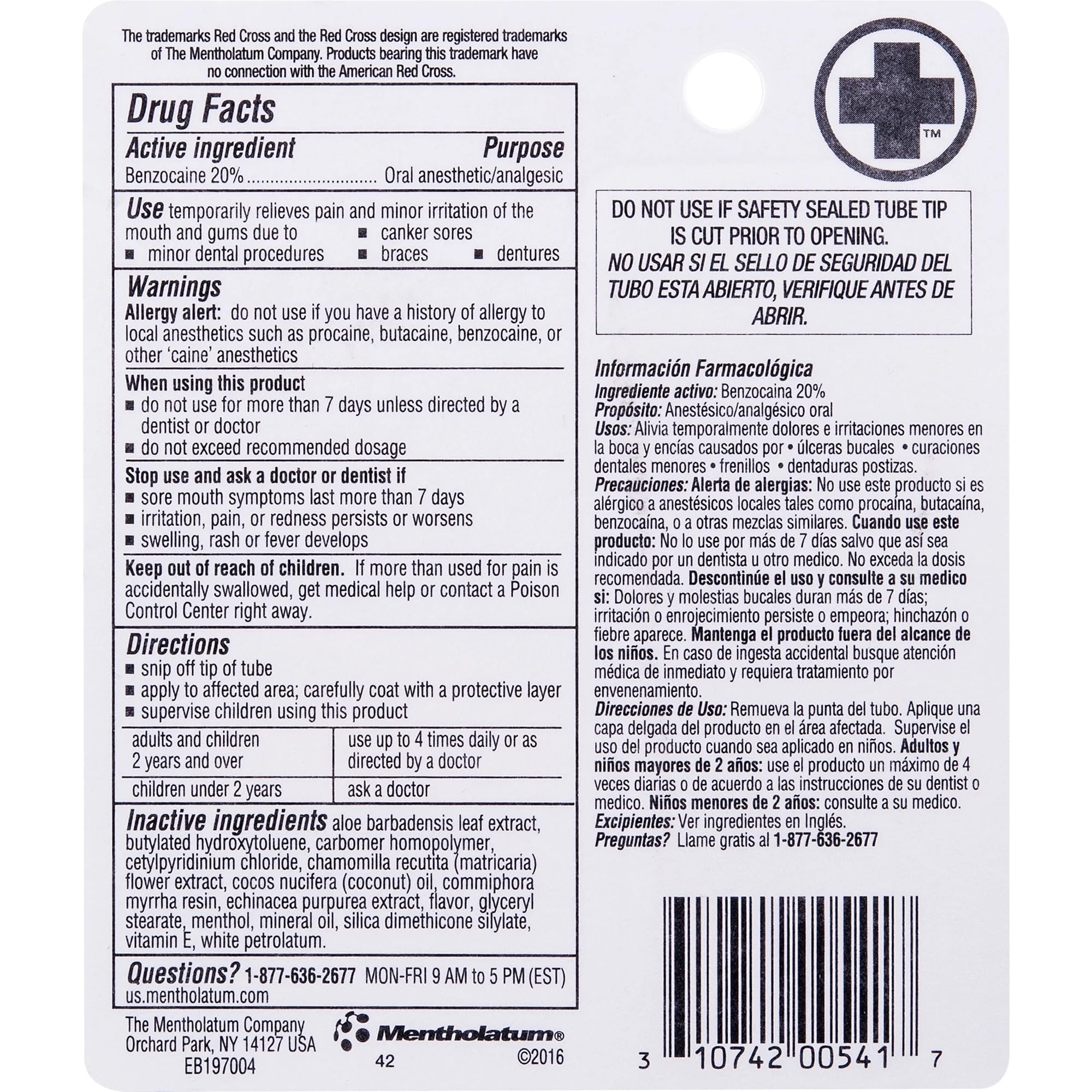 Close-up of Red Cross Canker Sore Medication label 0.25 oz