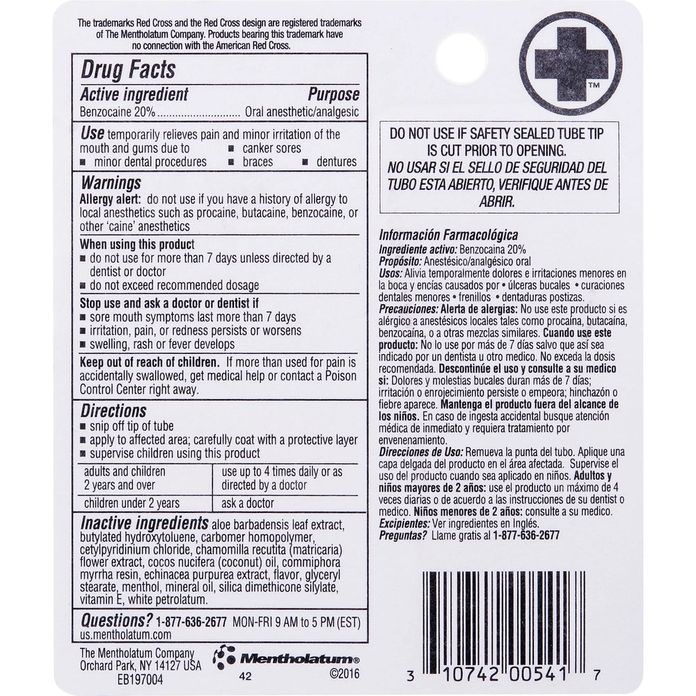Close-up of Red Cross Canker Sore Medication label 0.25 oz