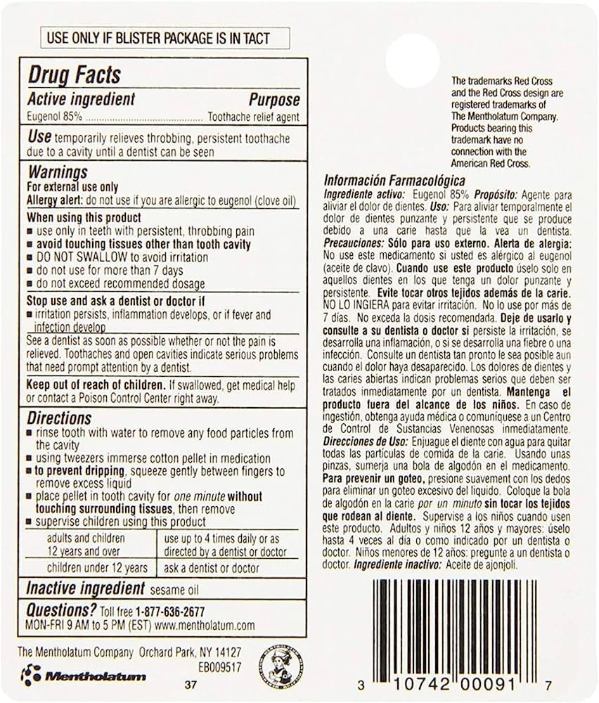 Front view of Red Cross Toothache Drops bottle with label