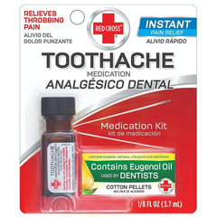 All components of the Red Cross Toothache Drops kit laid out