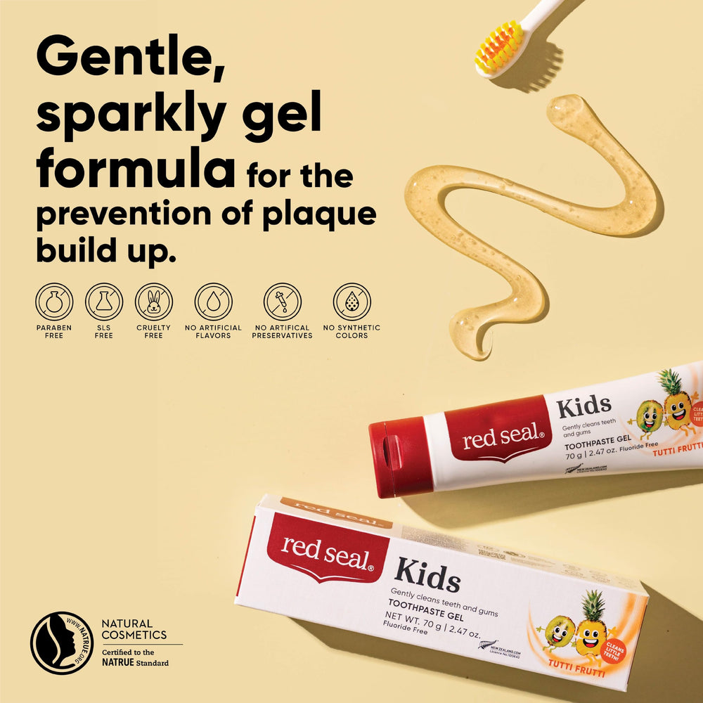 Packaging image showing Red Seal Kids Toothpaste Tutti Frutti box and tube