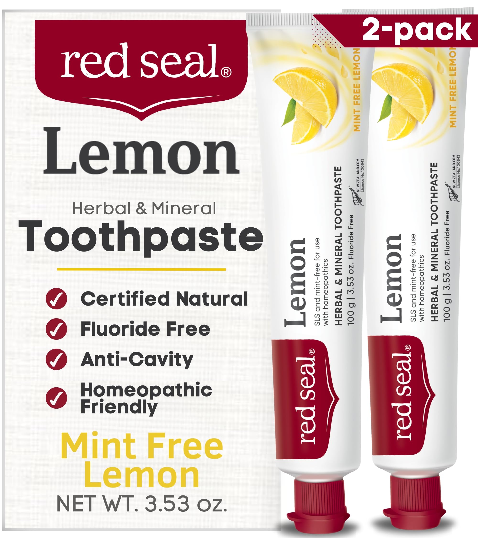 Front view of Red Seal Lemon Toothpaste tube with Mint-Free label