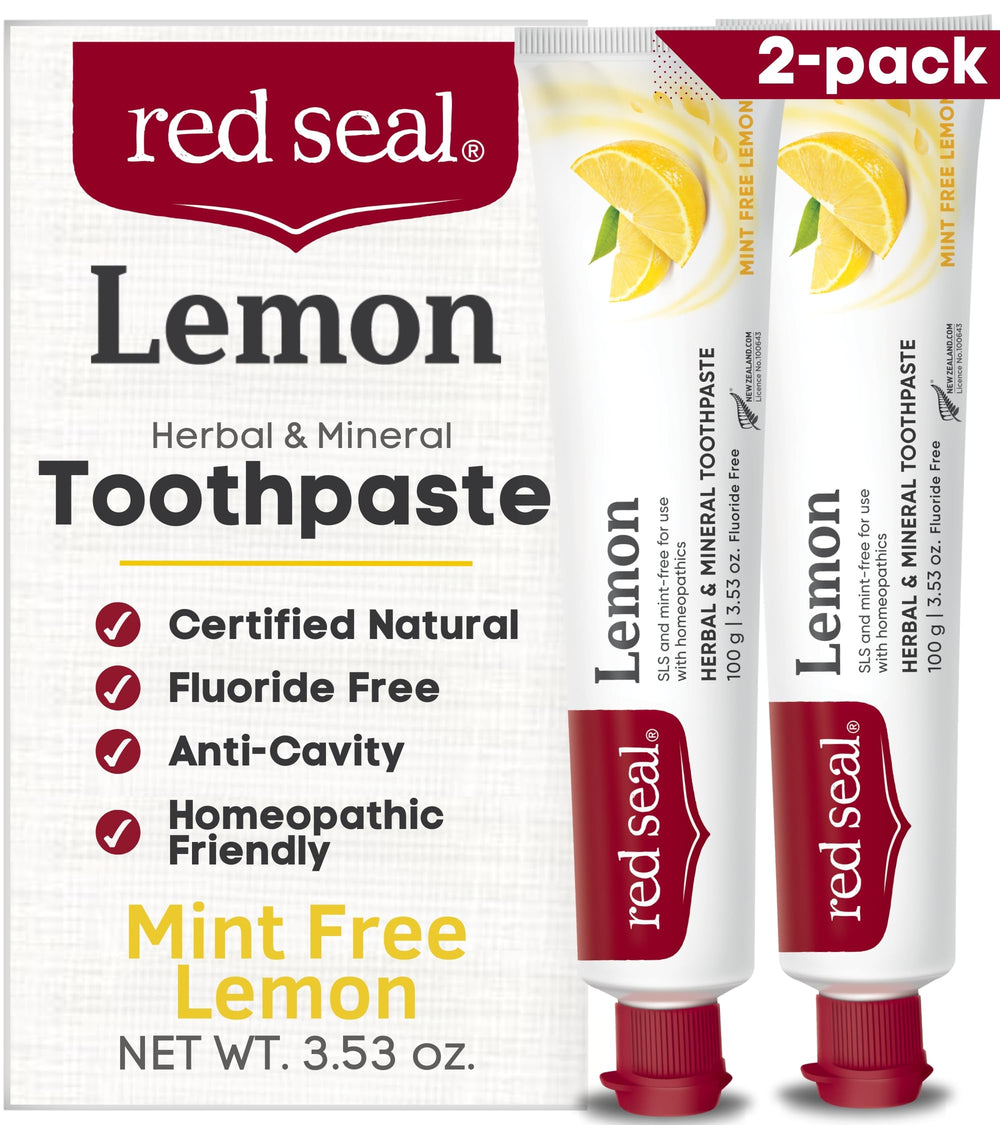 Front view of Red Seal Lemon Toothpaste tube with Mint-Free label