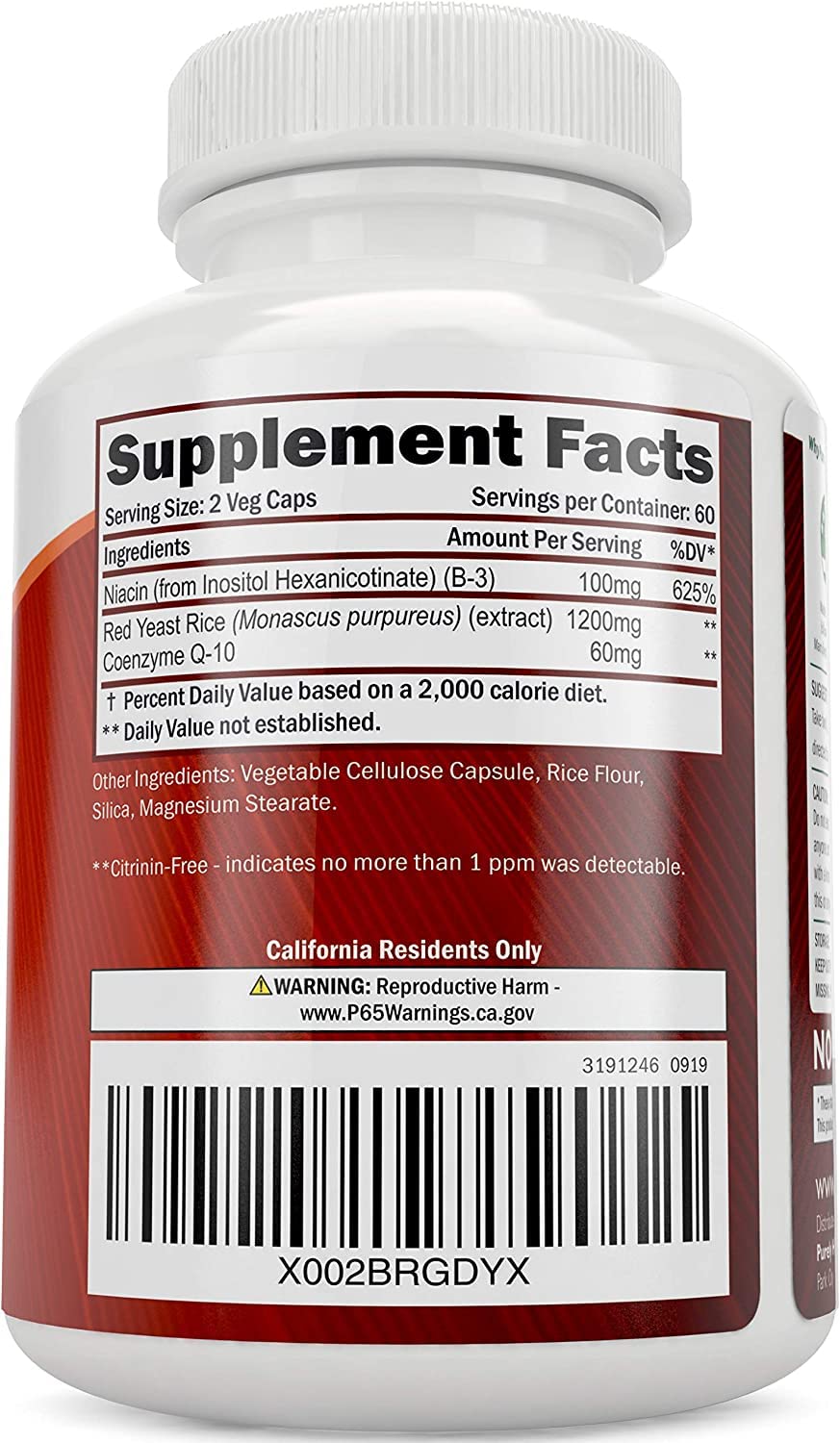 Back label of Red Yeast Rice bottle showing supplement facts