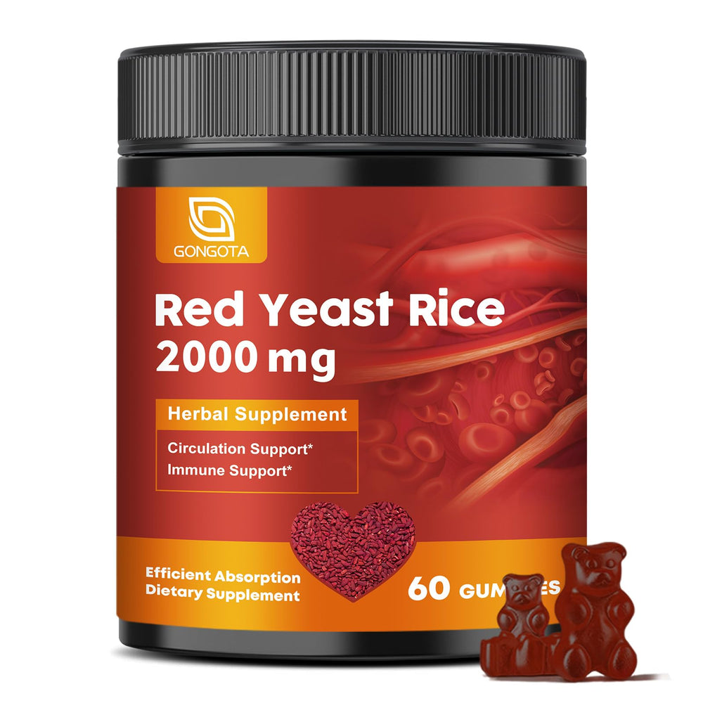 Bottle showing Red Yeast Rice 2000mg + CoQ10 with bergamot and grapeseed gummies, 60 count