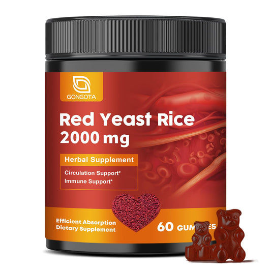 Bottle showing Red Yeast Rice 2000mg + CoQ10 with bergamot and grapeseed gummies, 60 count