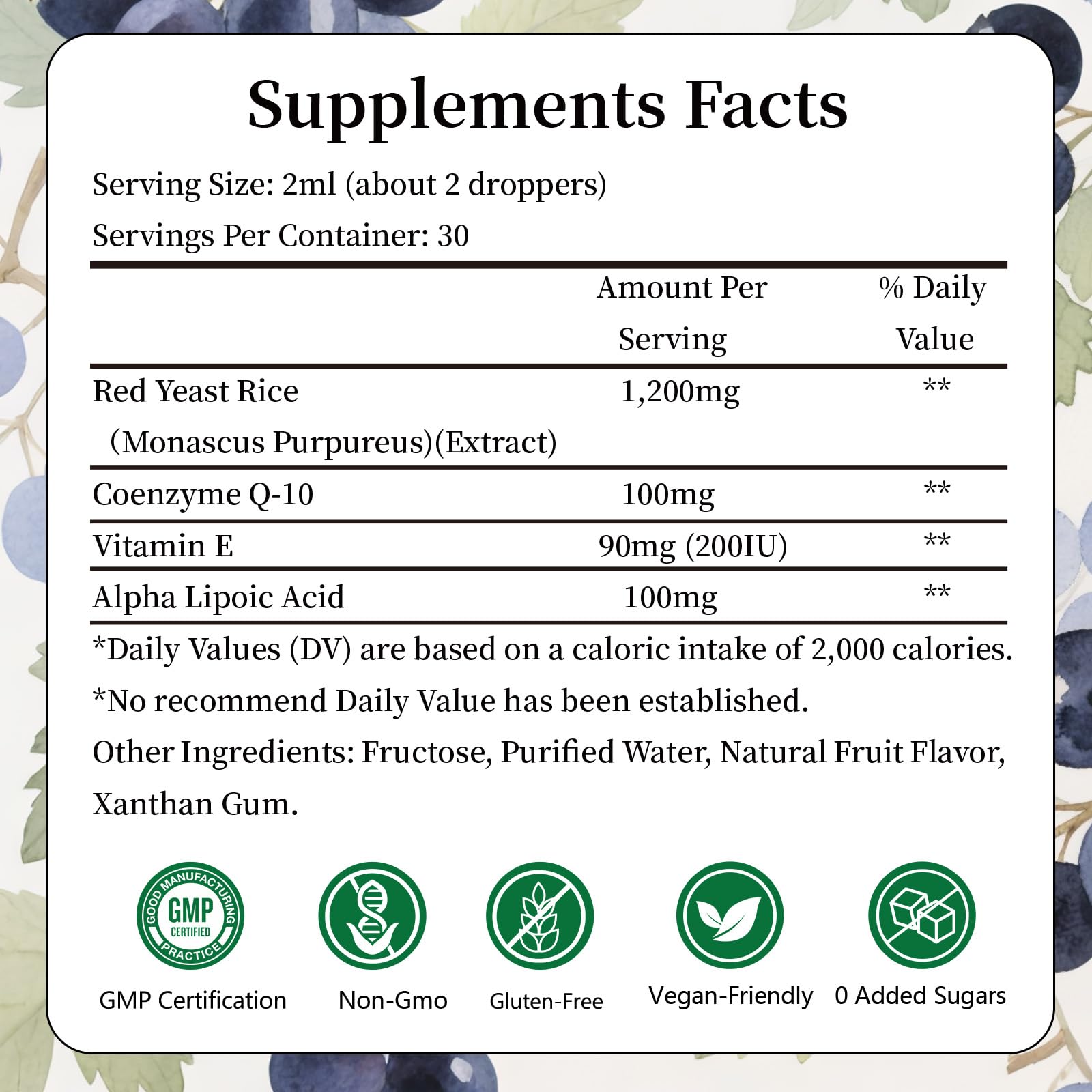 Product label showing 1200 mg Red Yeast Rice, CoQ10 and Alpha Lipoic Acid