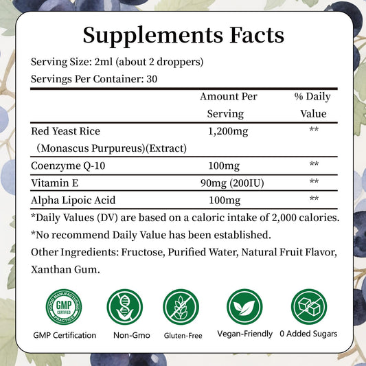 Product label showing 1200 mg Red Yeast Rice, CoQ10 and Alpha Lipoic Acid