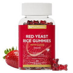 Red Yeast Rice with CoQ10 gummies bottle on kitchen counter